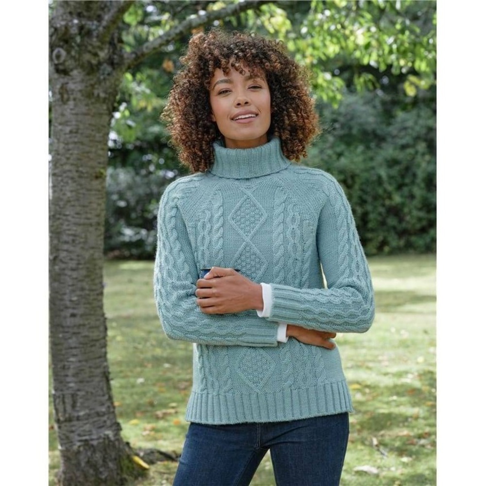 WoolOvers Pure Wool Aran Polo Neck Knitted Jumper In Arctic Blue Size L NWT